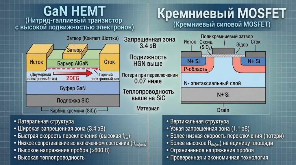 сравнение HEMT GaN и Mosfet
